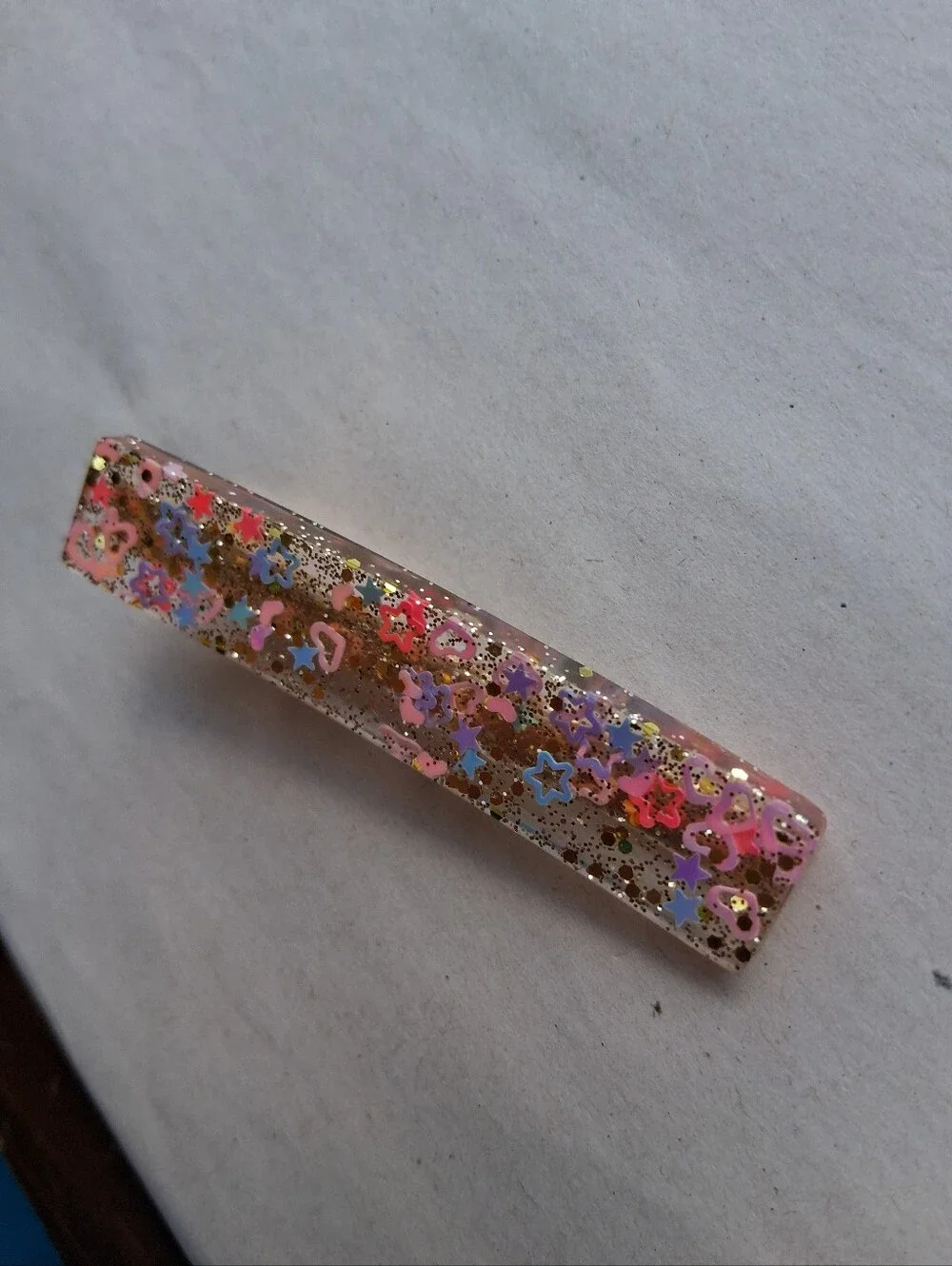 5/$25 Hand Crafted Pink Glitter Rectangle Hair Clip with Multicolor Stars